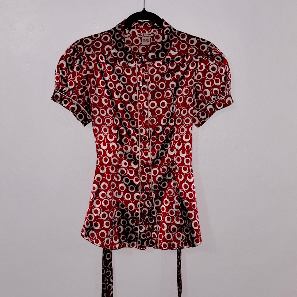 6 Degrees Red Puff Sleeve Blouse with Tie Front